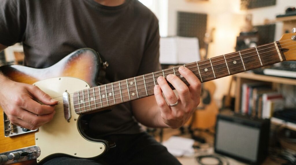 Close-up photorealistic image of beginner guitarist hands po