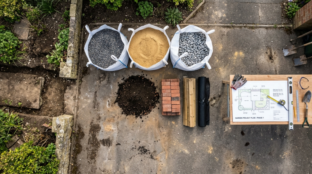 Close-up overhead shot of an organized garden renovation pro