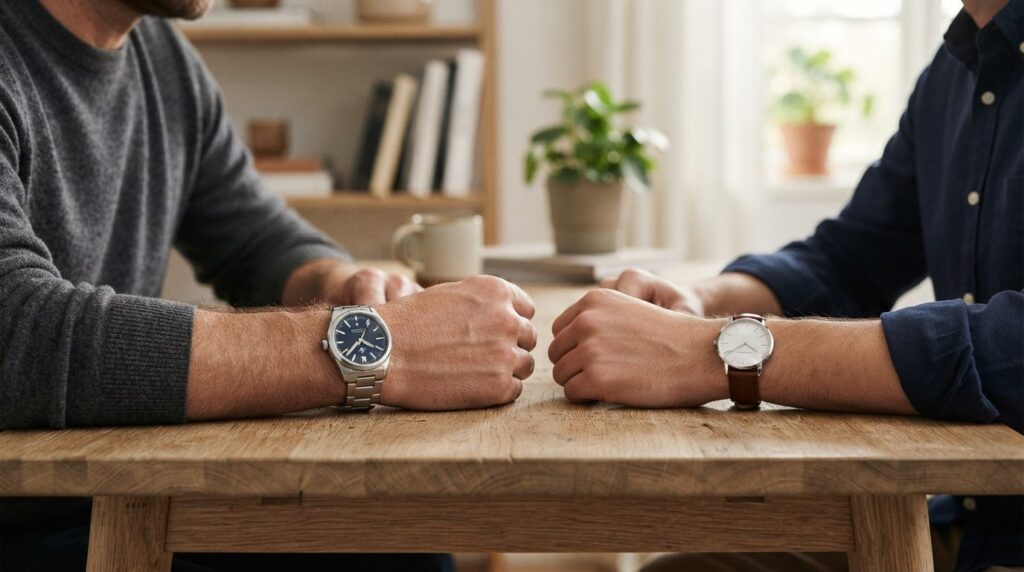 Side-by-side comparison lifestyle shot of two mens wrists w