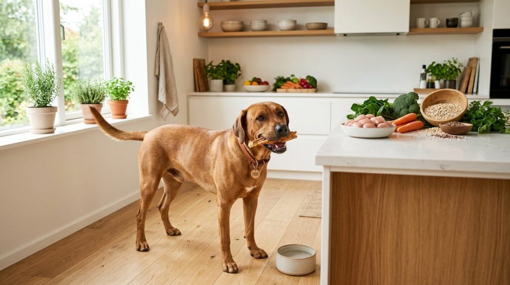 Happy healthy Danish dog of medium size enjoying a natural t