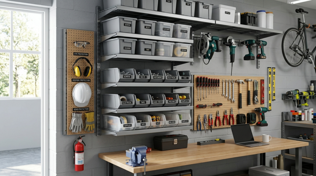 Organized workshop wall storage system showing industrial sh