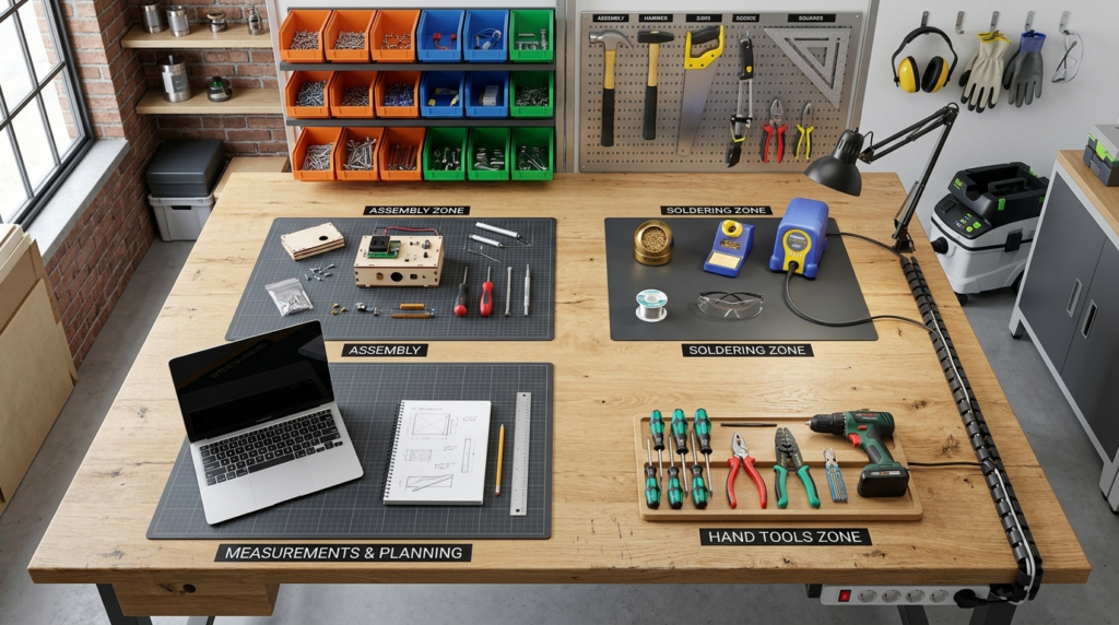 Overhead view of well-organized workshop table with designat