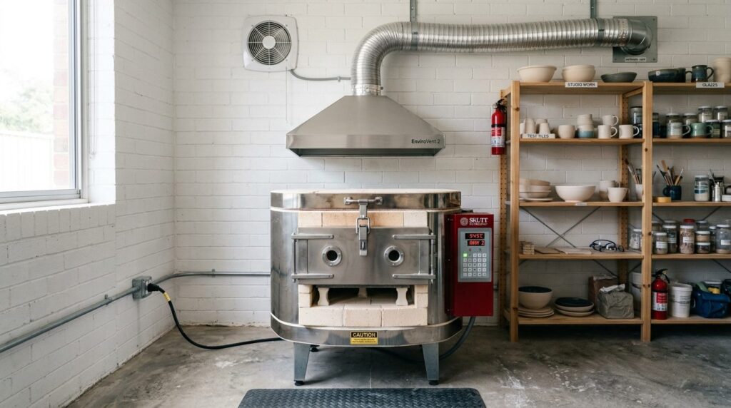 Close-up professional photograph of a home ceramic kiln in a
