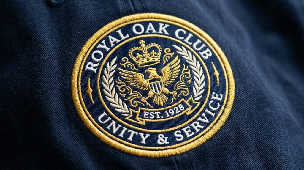 Close-up detail shot of high-quality embroidered logo on dar