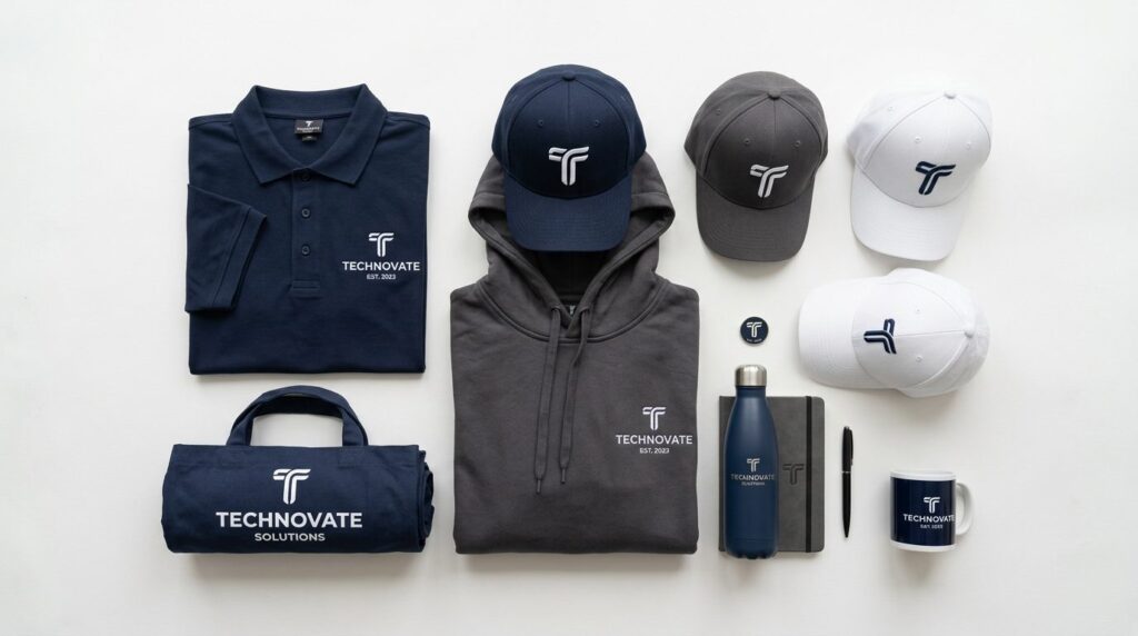 Flat lay product photography of professionally branded merch