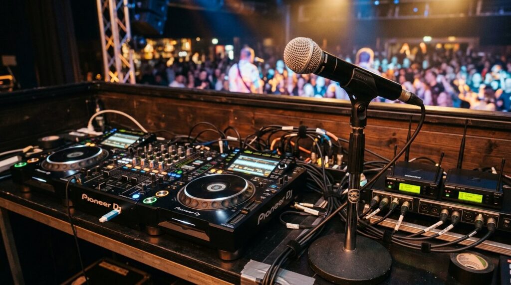 Close-up of a professional DJ controller and live band micro