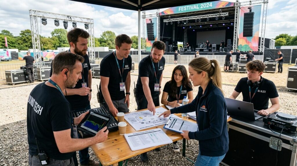 Team of event professionals conducting a pre-event coordinat