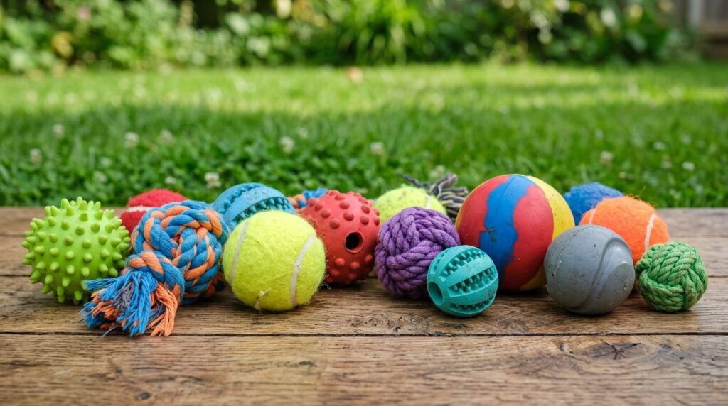 Close-up photorealistic detail shot of various dog balls in 