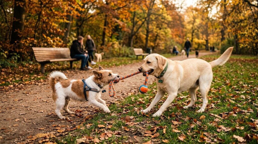 Candid photorealistic scene of a small terrier and labrador 
