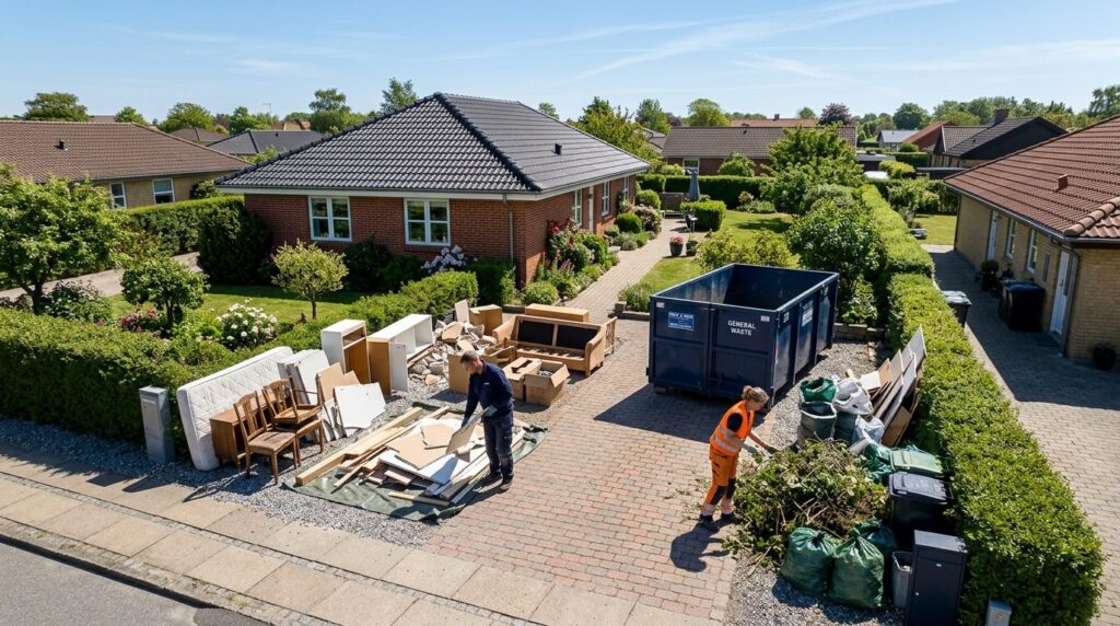 Realistic overhead shot of a residential driveway with a com