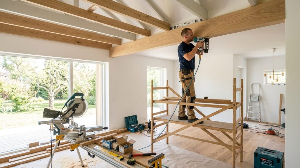 Tømrer monterer skabindsats under renovering af boliginteriør.